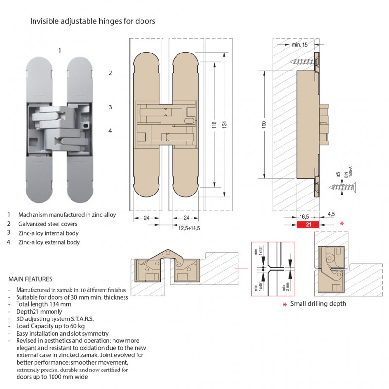 3D ADJUSTABLE CONCEALED DOOR HINGE 134x24 / NICKEL